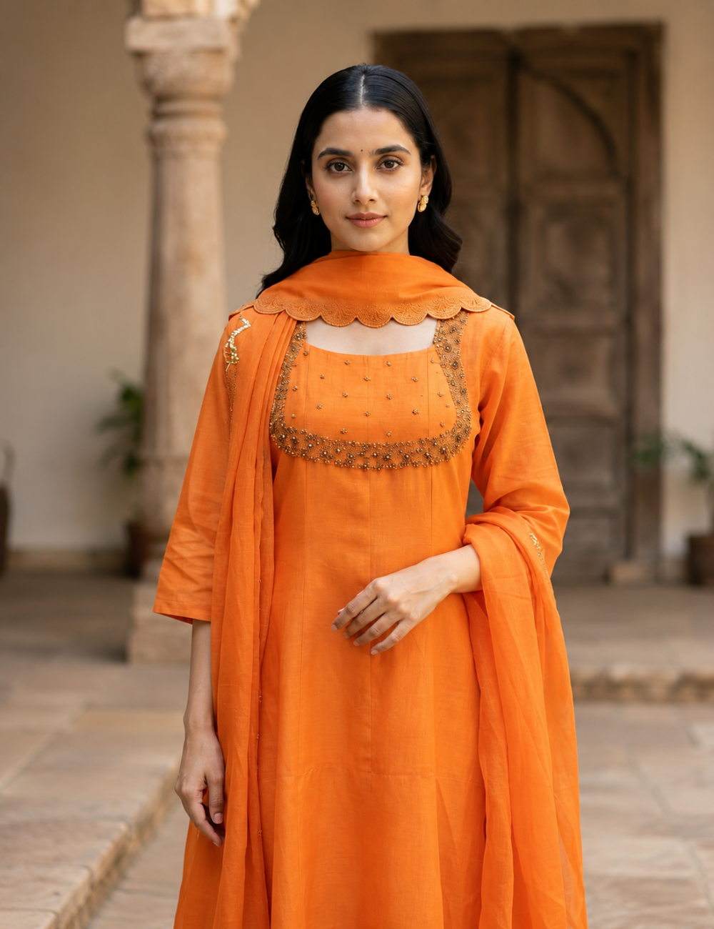 Orange Embellished Straight Kurti with Scalloped Dupatta