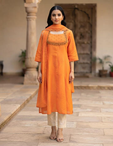 Orange Embellished Straight Kurti with Scalloped Dupatta