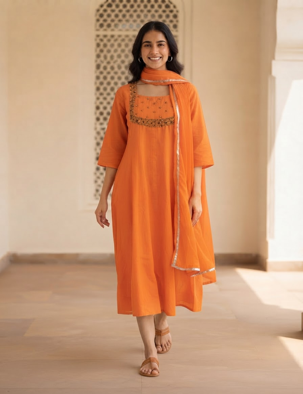 Orange Embellished Straight Kurti with Scalloped Dupatta