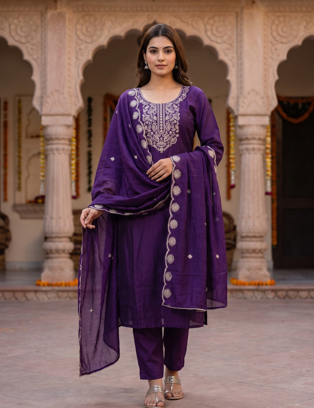 Royal Purple Zari Embroidered 3-Piece Kurta Set