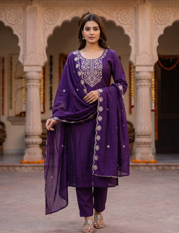 Royal Purple Zari Embroidered 3-Piece Kurta Set