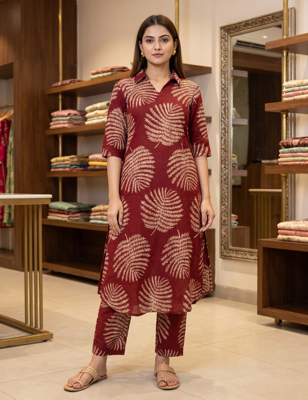 Maroon & Navy Blue Foil Print Rayon Co-ord Set