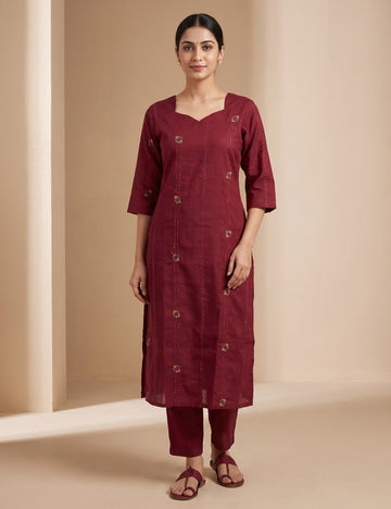 Deep Wine Red Embroidered Co-ord Set