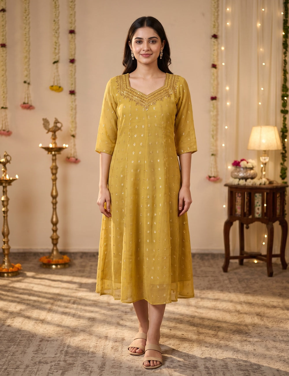 Golden Yellow Embroidered A-Line Kurti