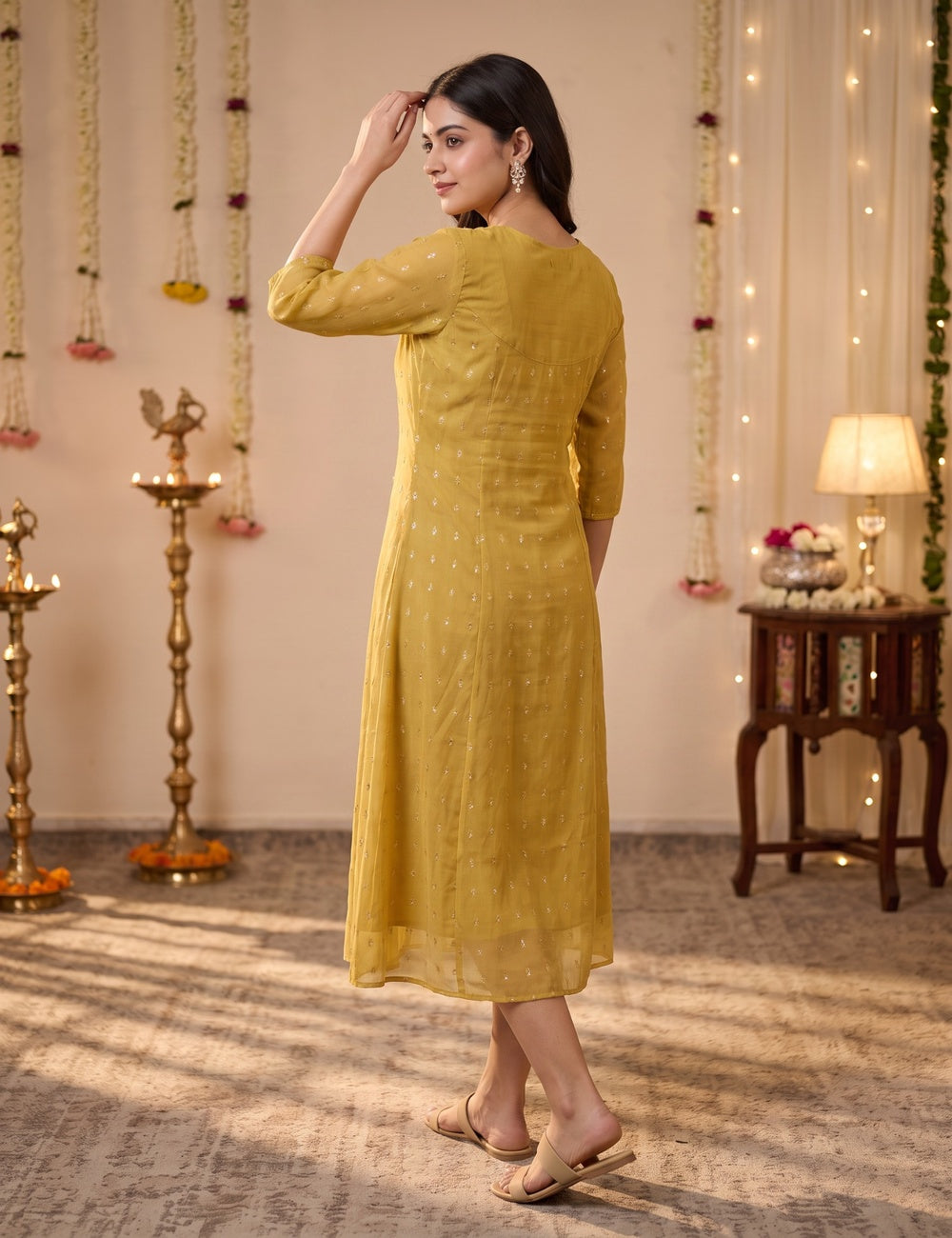 Golden Yellow Embroidered A-Line Kurti