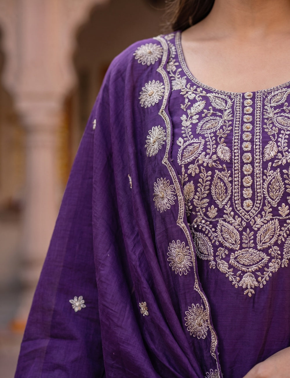Royal Purple Zari Embroidered 3-Piece Kurta Set