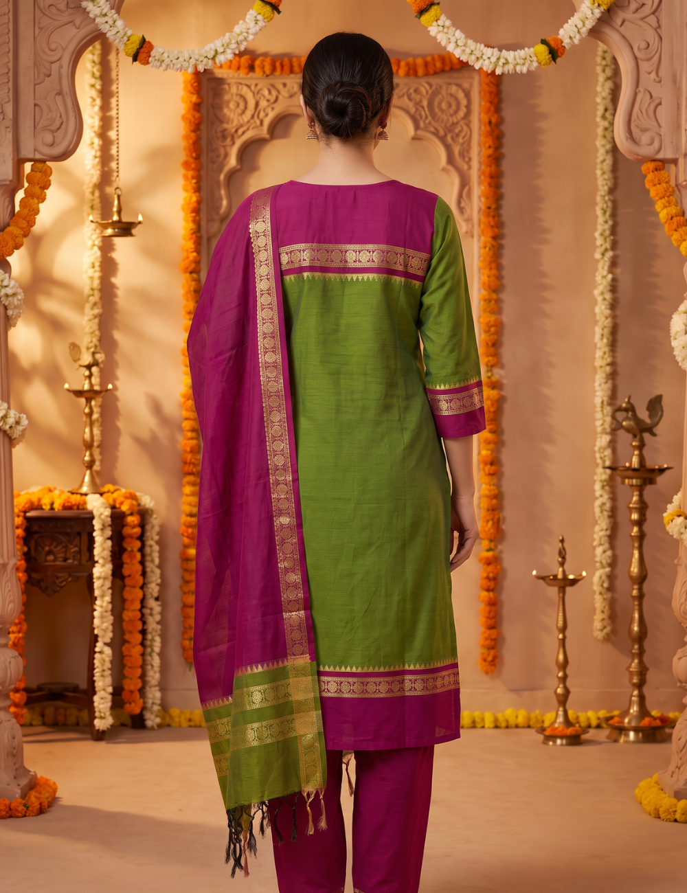 Green & Magenta Chettinad Cotton 3-Piece Kurta Set with Dupatta
