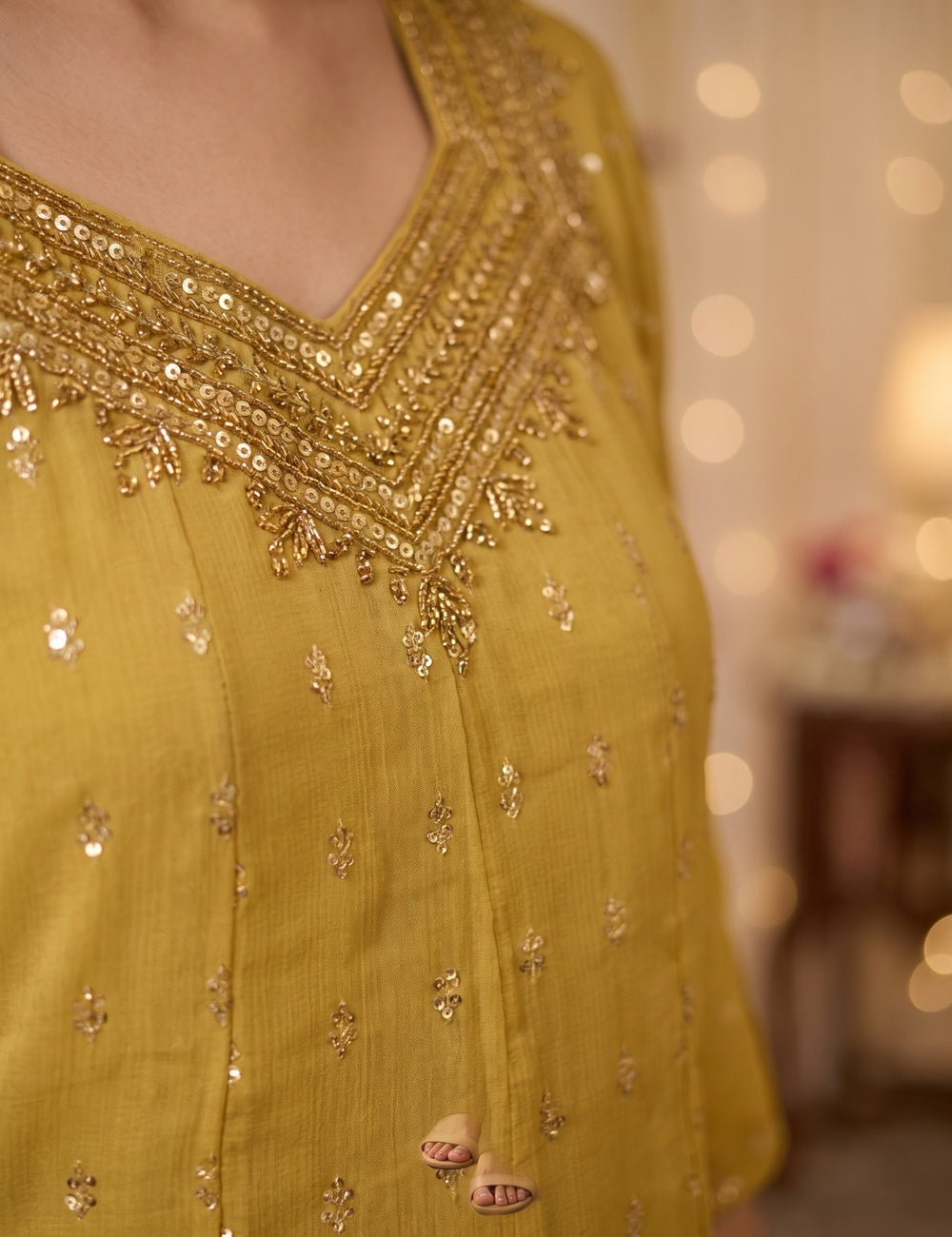 Golden Yellow Embroidered A-Line Kurti
