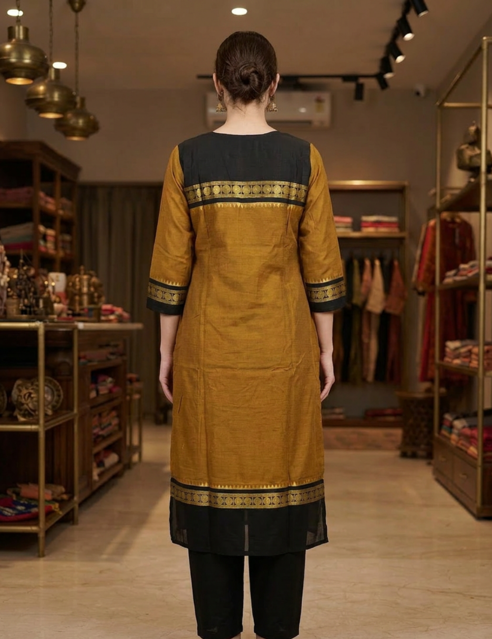 Mustard Brown Chettinad Cotton 3-Piece Kurta Set