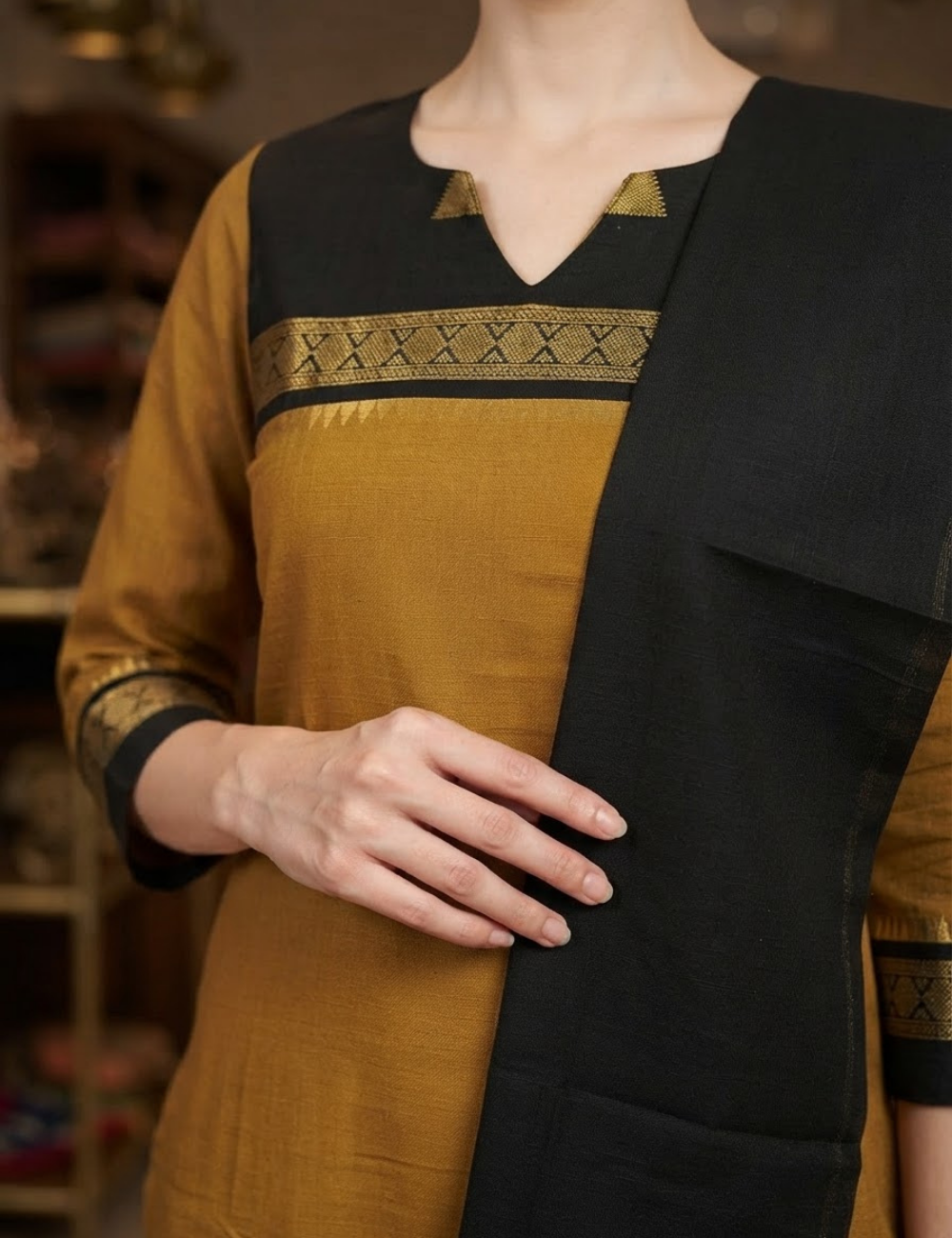 Mustard Brown Chettinad Cotton 3-Piece Kurta Set