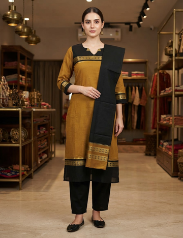 Mustard Brown Chettinad Cotton 3-Piece Kurta Set