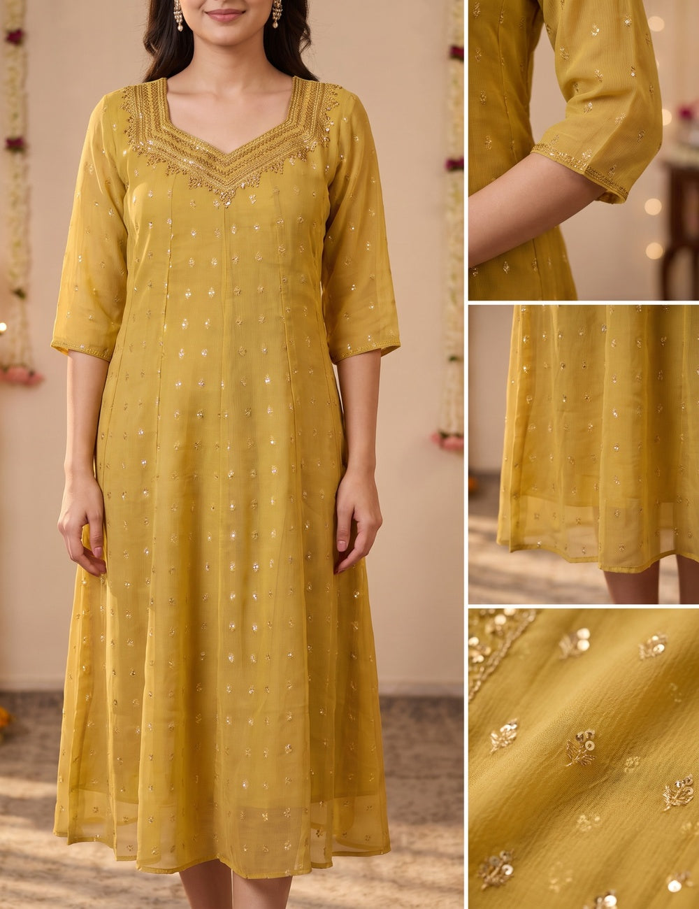 Golden Yellow Embroidered A-Line Kurti