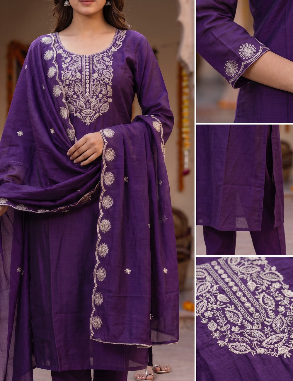Royal Purple Zari Embroidered 3-Piece Kurta Set