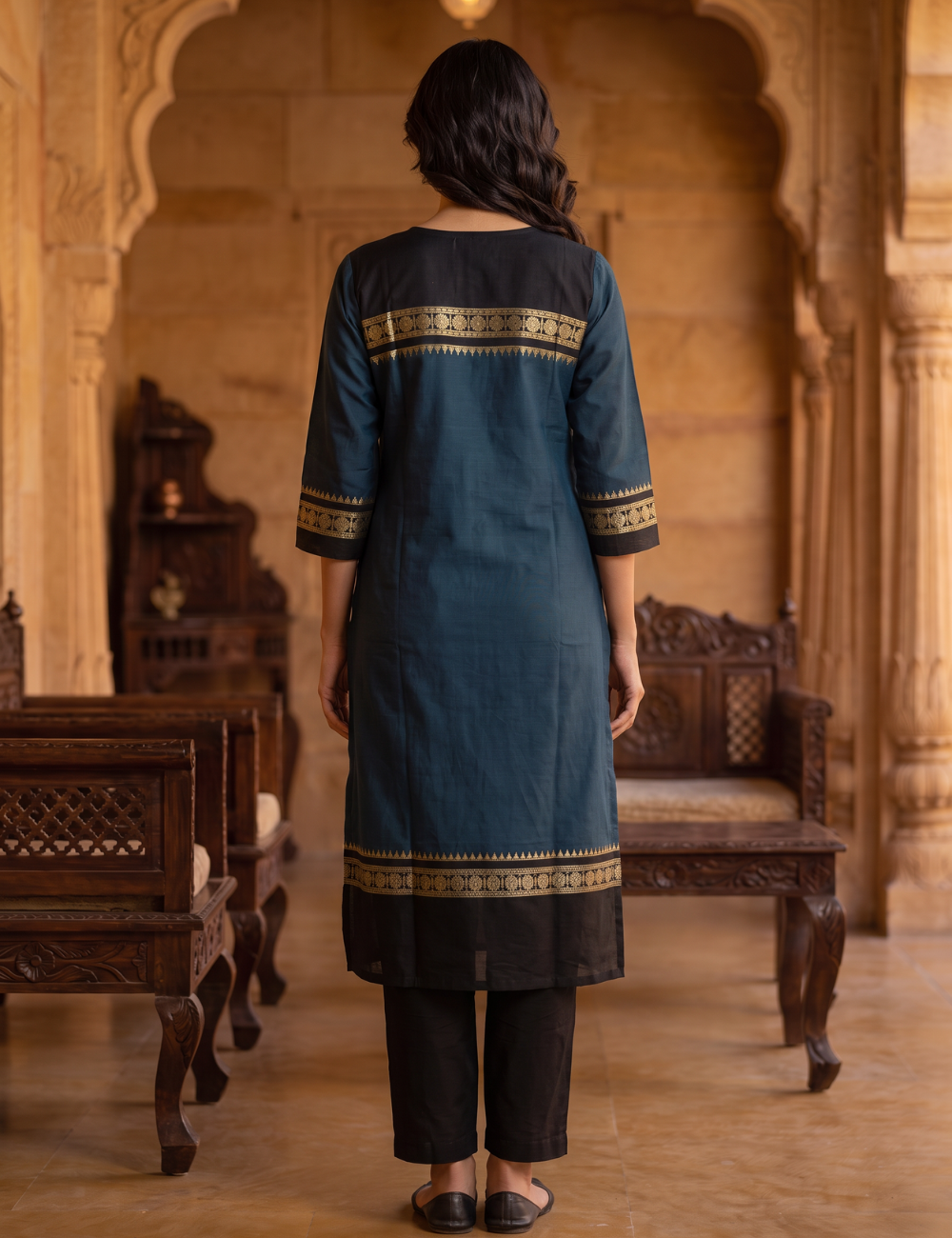 Deep Blue Chettinad Cotton 3-Piece Kurta Set