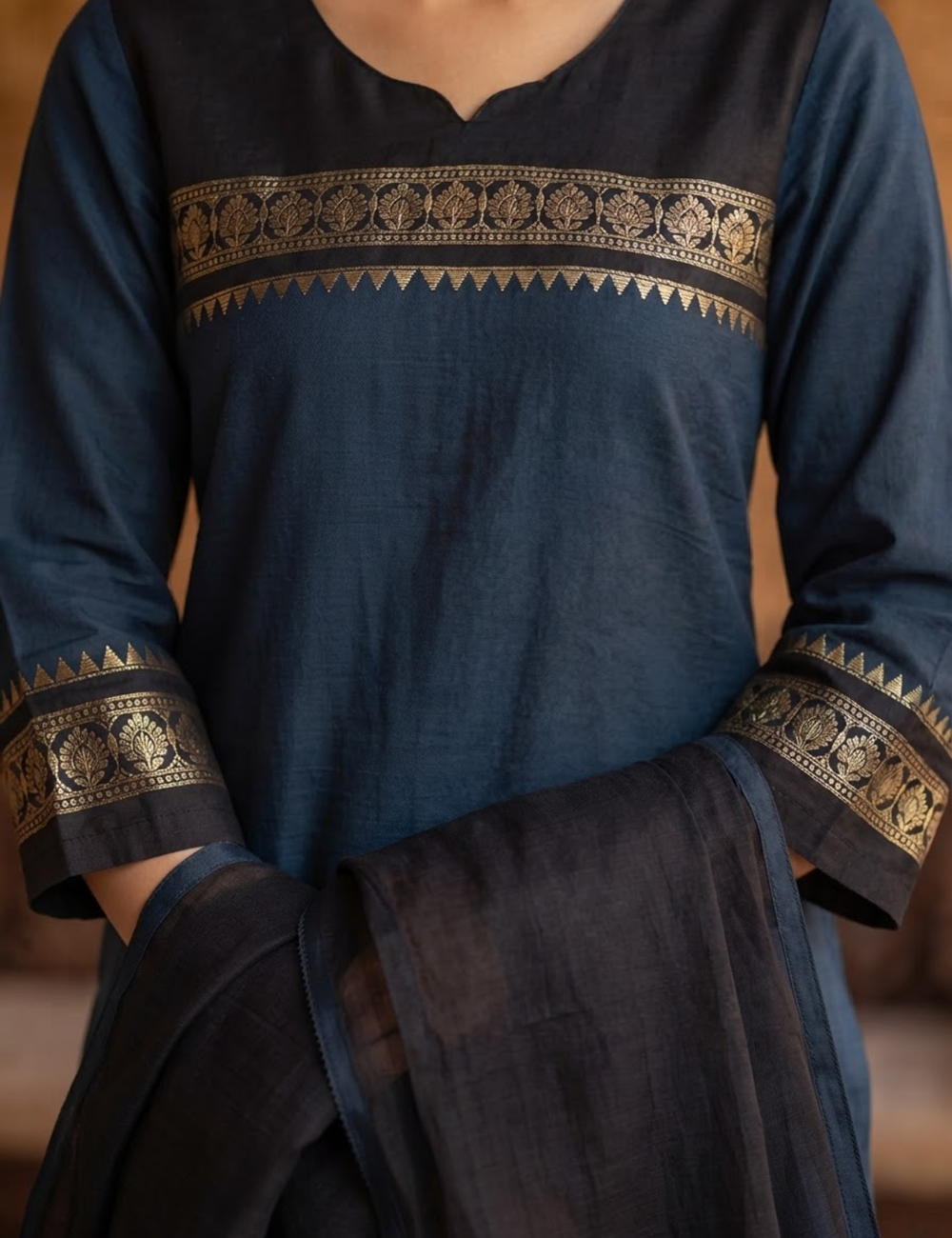 Deep Blue Chettinad Cotton 3-Piece Kurta Set