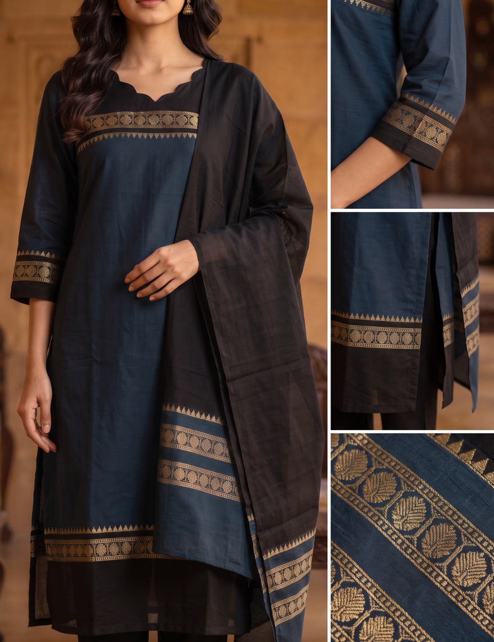 Deep Blue Chettinad Cotton 3-Piece Kurta Set