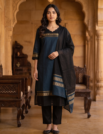 Deep Blue Chettinad Cotton 3-Piece Kurta Set