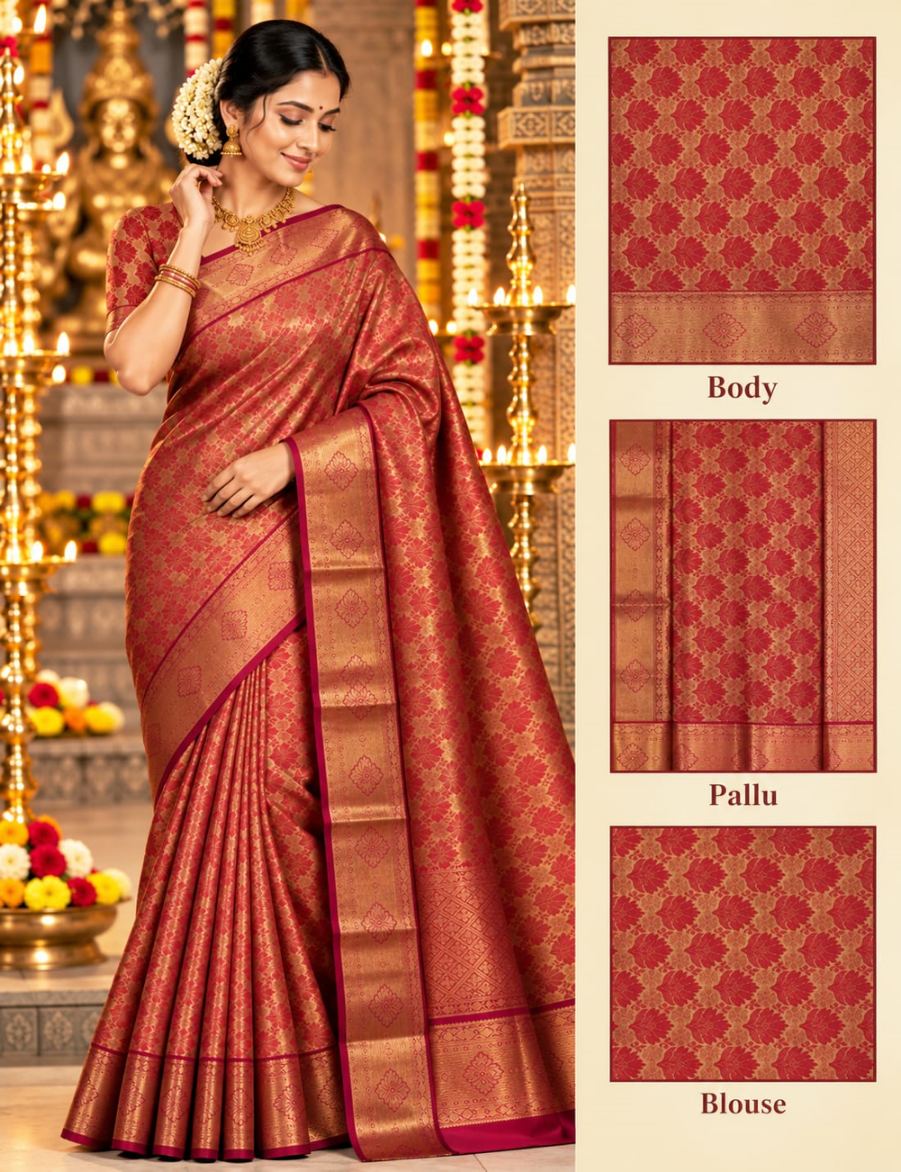 Antique Gold & Maroon Ilampillai Silk Saree with Rich Zari Weave