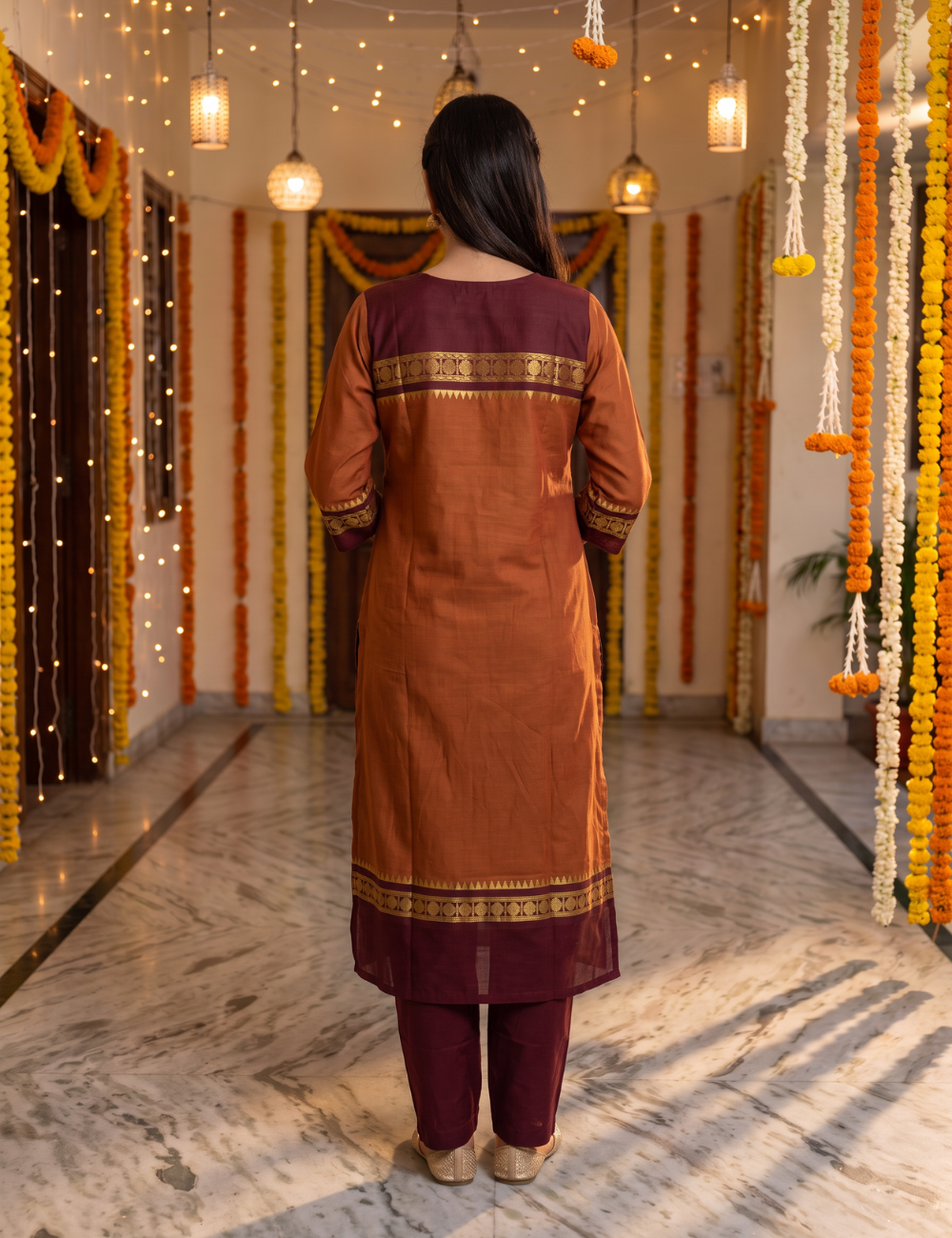 Rust & Maroon Chettinad Cotton 3-Piece Kurta Set with Dupatta