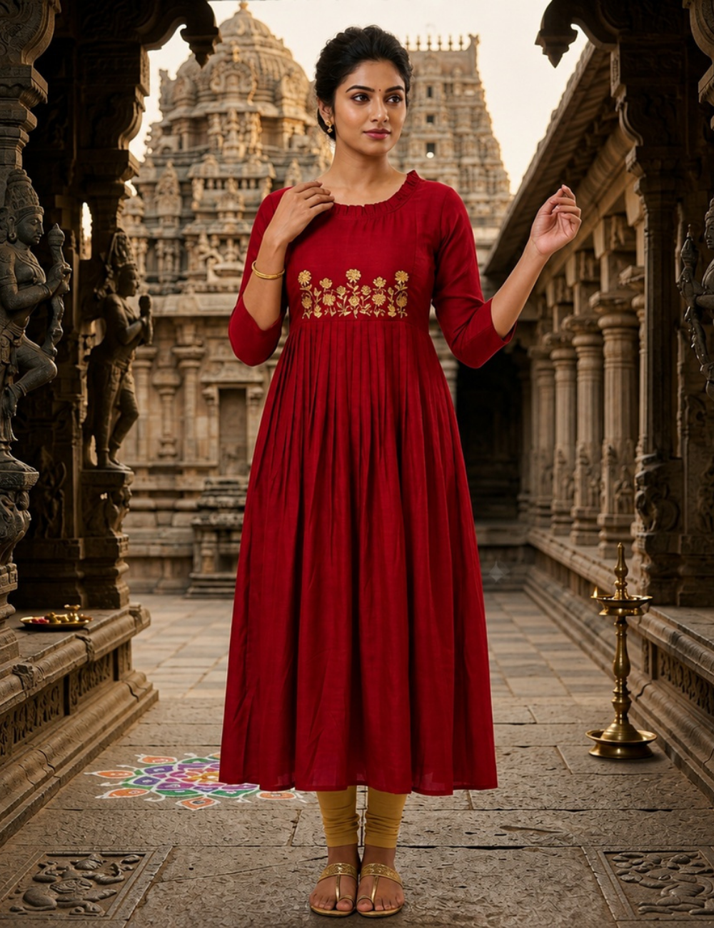 Women’s Rama Green  and Red Colour Embroidered Pleated A- Line Kurti