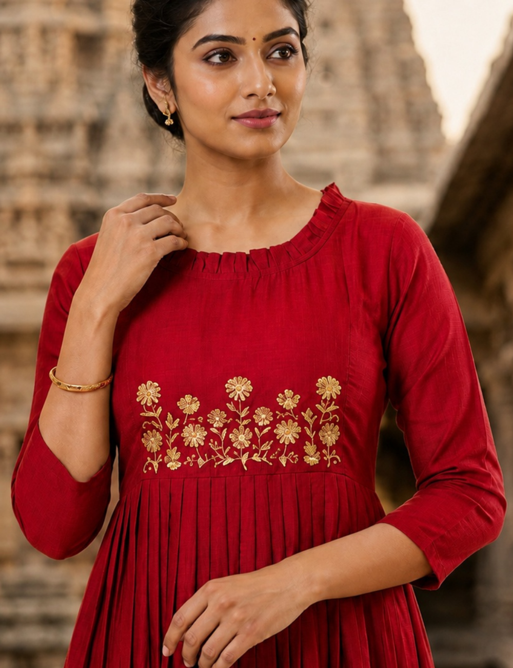 Women’s Rama Green  and Red Colour Embroidered Pleated A- Line Kurti