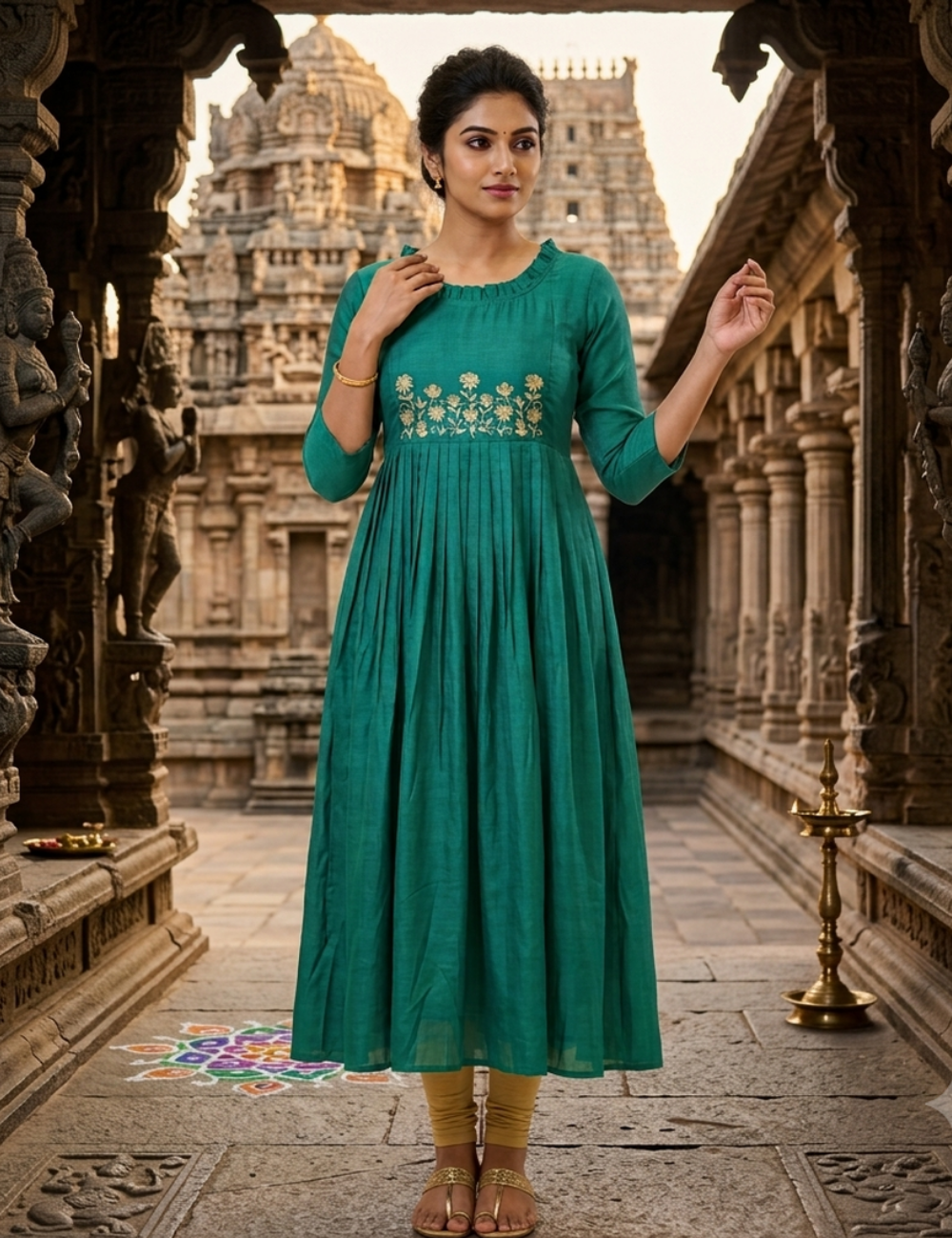 Women’s Rama Green  and Red Colour Embroidered Pleated A- Line Kurti