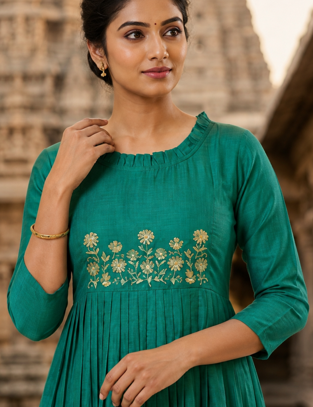 Women’s Rama Green  and Red Colour Embroidered Pleated A- Line Kurti