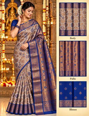 Ivory Gold & Royal Blue Kanchipuram Tissue Wedding Saree