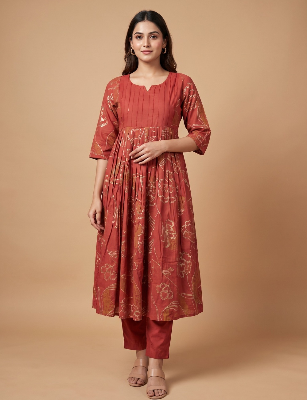 Rust Red Floral A-Line Kurta Set