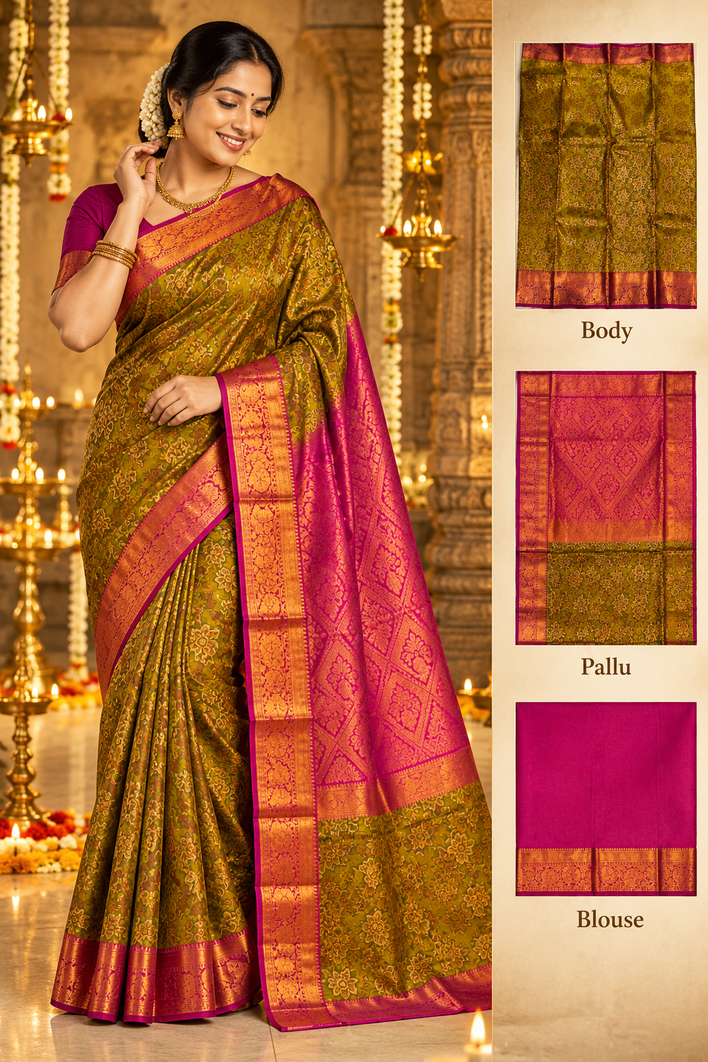 Olive Green & Rani Pink Ilampillai Silk Saree with Rich Zari Border