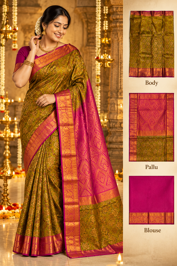 Olive Green & Rani Pink Ilampillai Silk Saree with Rich Zari Border