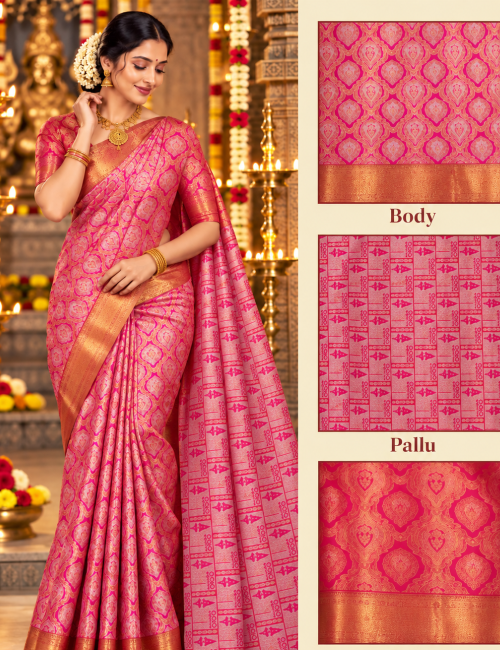 Pink & Antique Gold Tissue Bridal Saree with Rich Zari Weaving