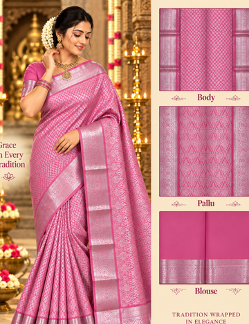 Rani Pink Silver Zari Kanchipuram Style Wedding Saree