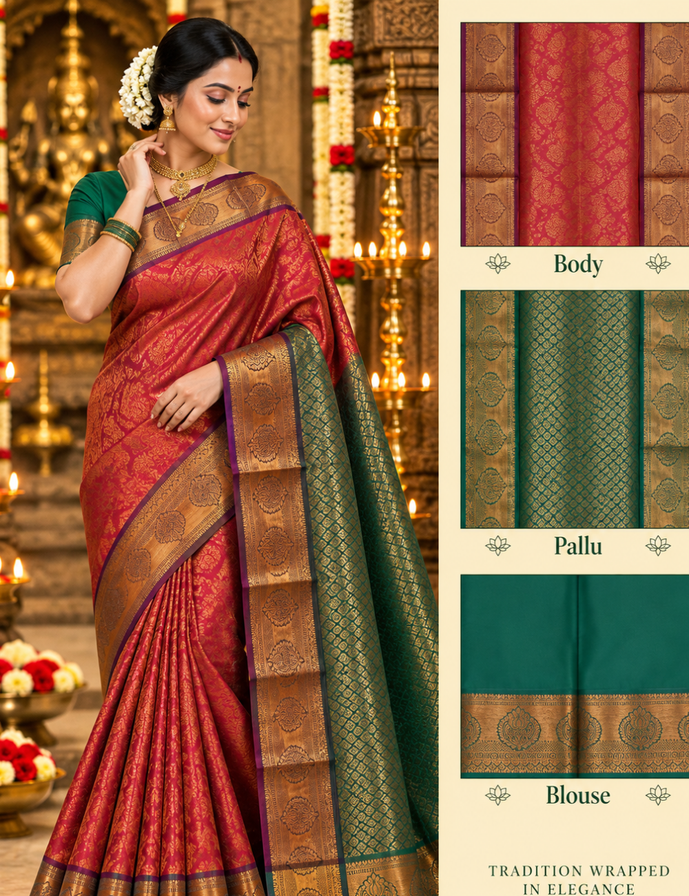 Rani Pink & Emerald Green Zari Kanchipuram Style Silk Saree