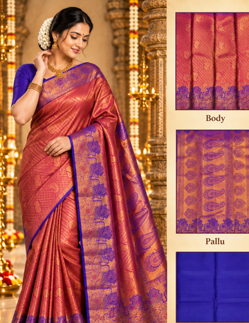 Rose Pink & Royal Blue Ilampillai Silk Saree with Floral Zari Border