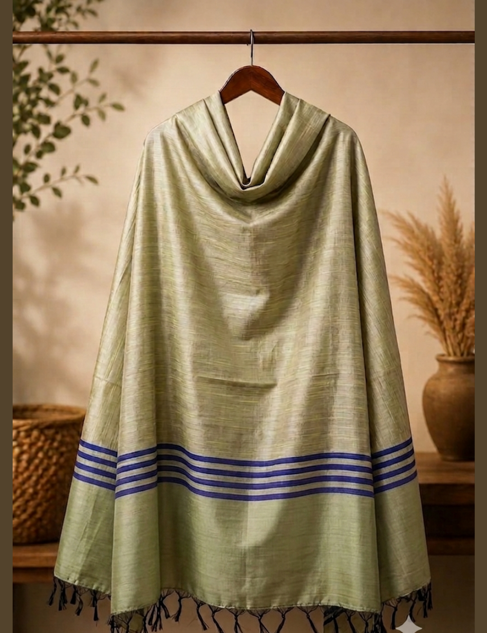 Dark Beige Silk-Blend Shawl with Stripe Border