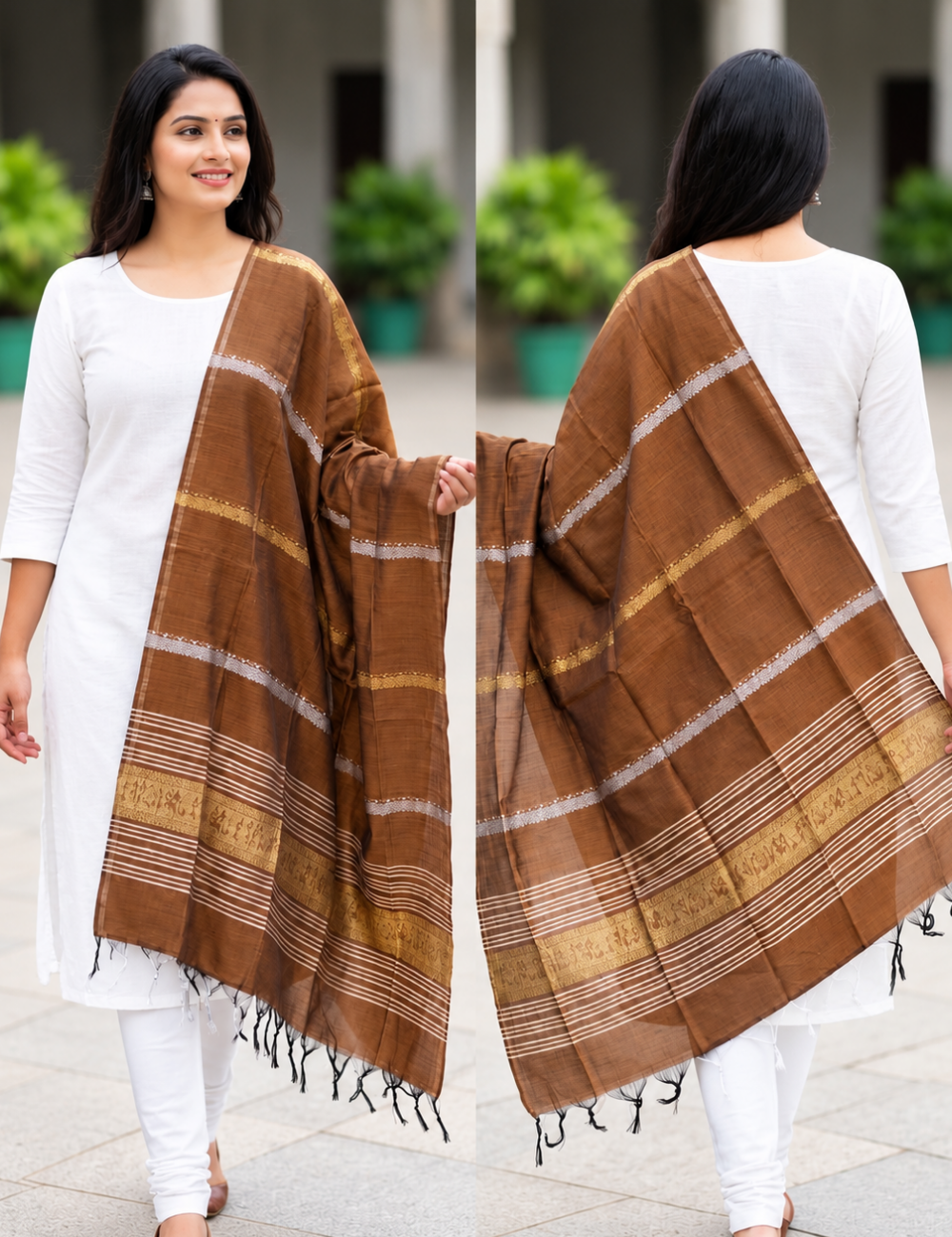 Elegant Brown Traditional Woven Shawl with Zari Border