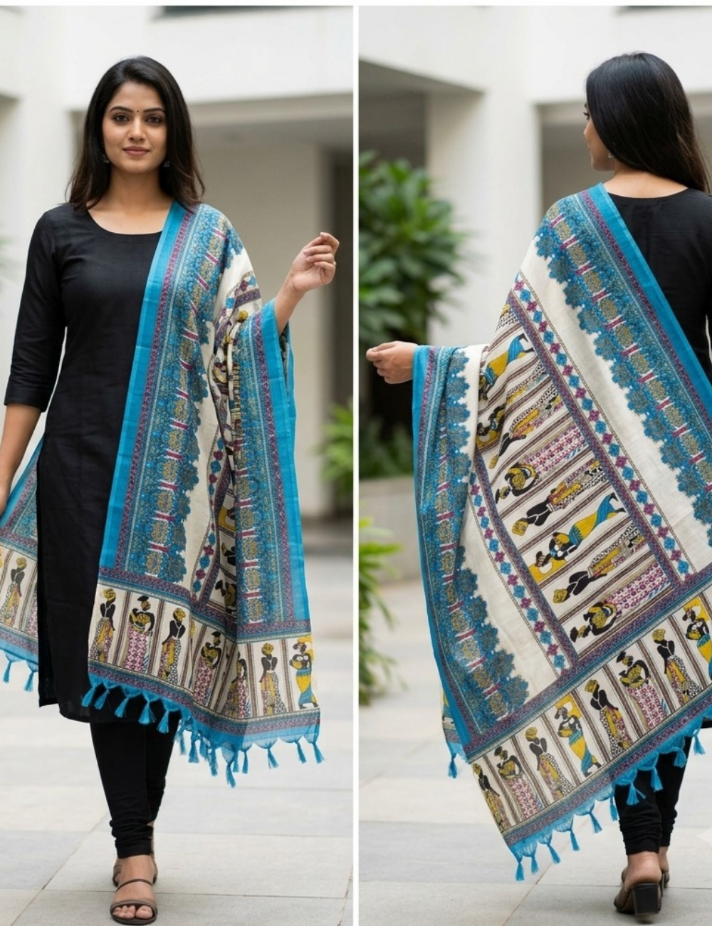 Black ,Blue & Cream Folk-Art Printed Shawl