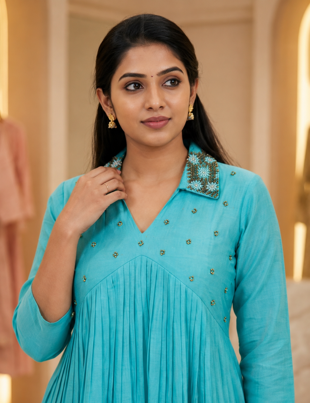 Women’s Aqua Blue Embroidered Pleated A-Line Kurti