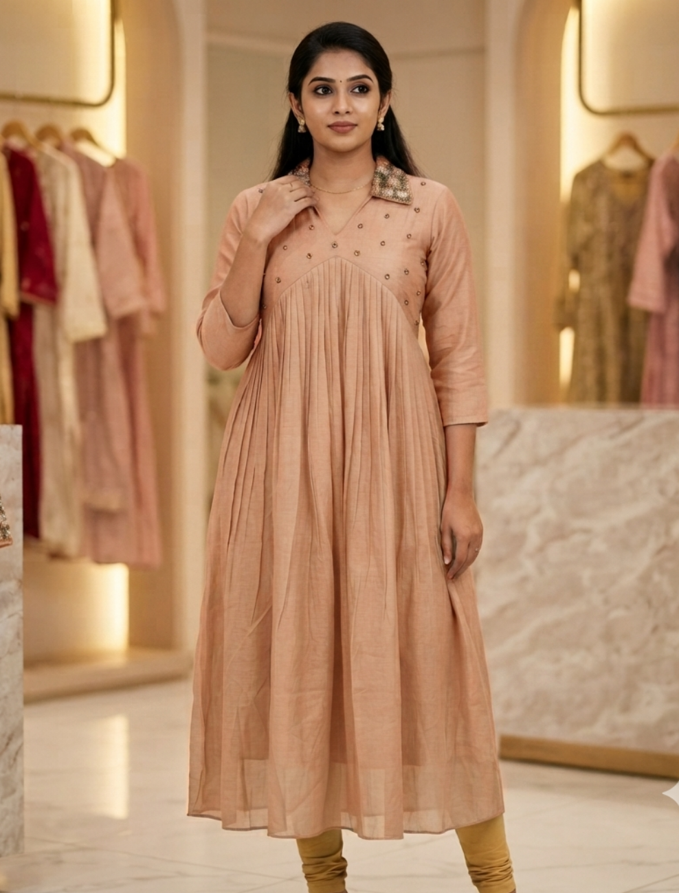 Women’s Aqua Blue Embroidered Pleated A-Line Kurti