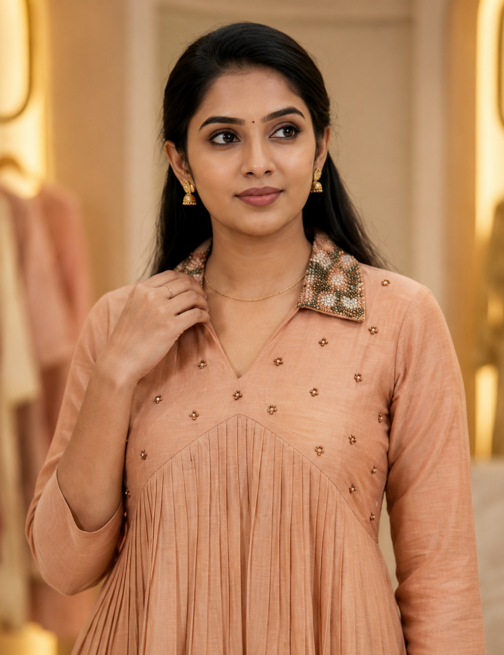 Women’s Aqua Blue Embroidered Pleated A-Line Kurti