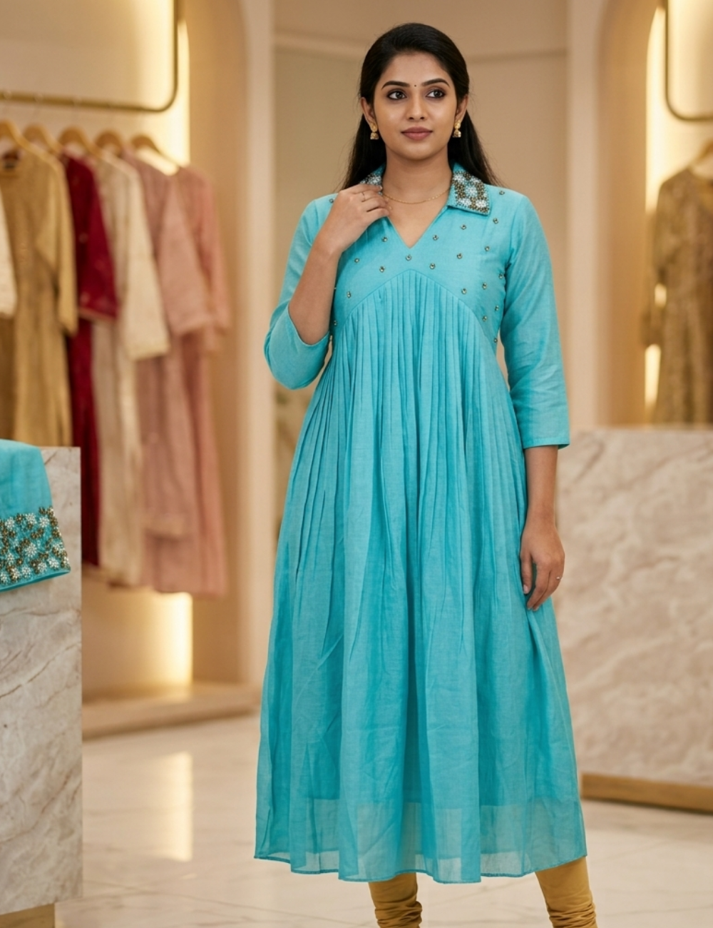 Women’s Aqua Blue Embroidered Pleated A-Line Kurti