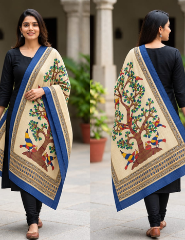 Cream & Blue Kalamkari-Style Printed Shawl