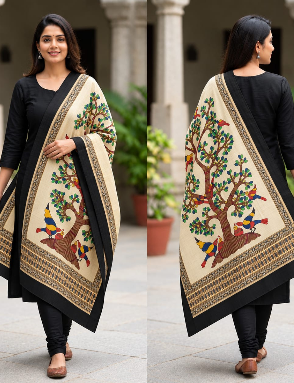 Cream & Black Kalamkari-Style Printed Shawl