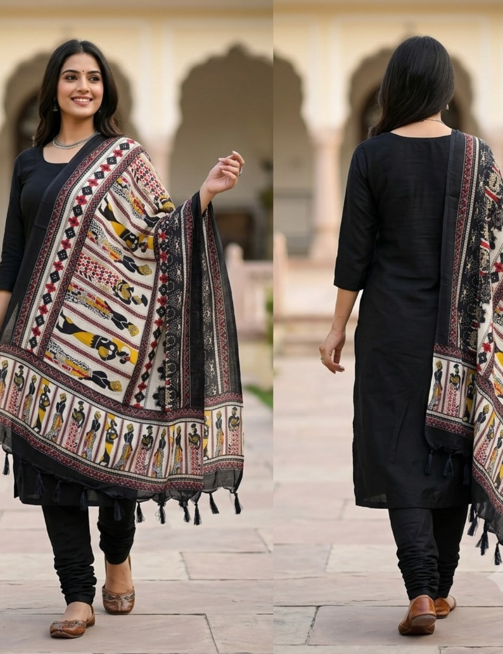 Black ,Blue & Cream Folk-Art Printed Shawl