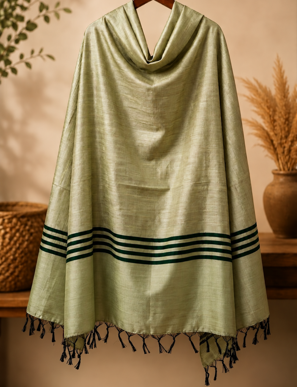 Dark Beige Silk-Blend Shawl with Stripe Border