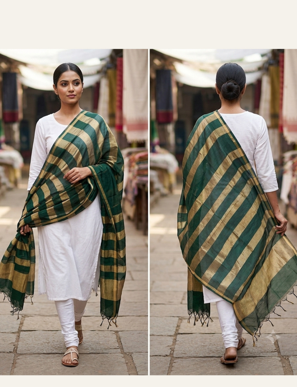 Bottle Green & Gold Striped Traditional Shawl