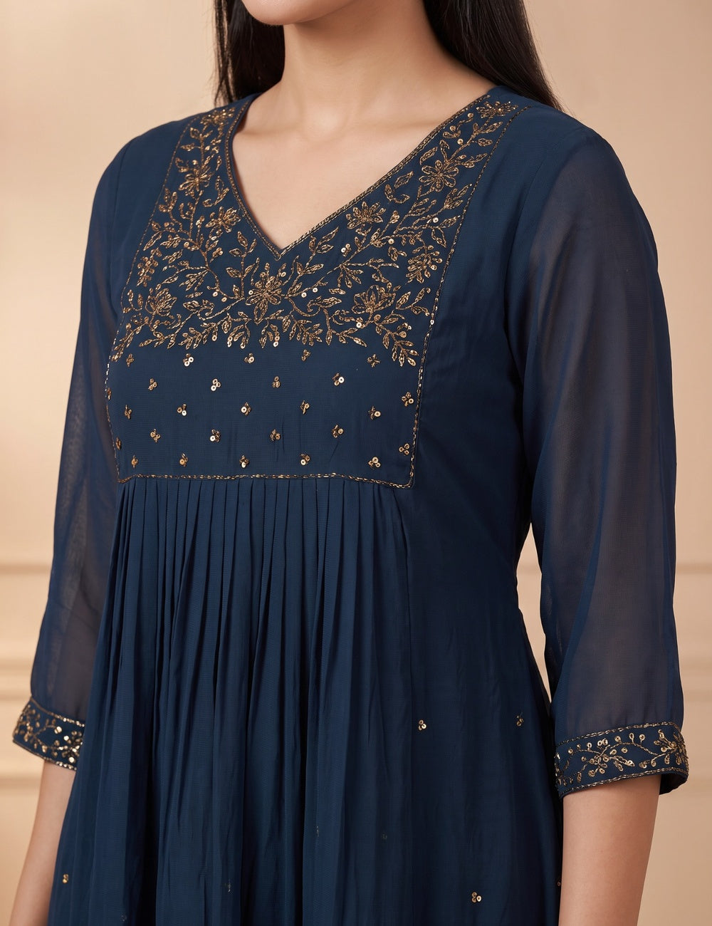 Teal Blue Aari Work A-Line Kurti