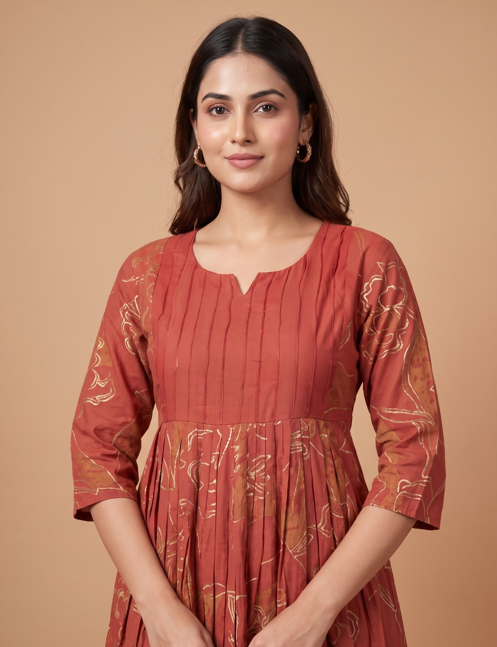 Rust Red Floral A-Line Kurta Set