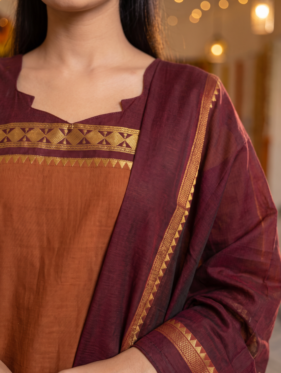 Rust & Maroon Chettinad Cotton 3-Piece Kurta Set with Dupatta